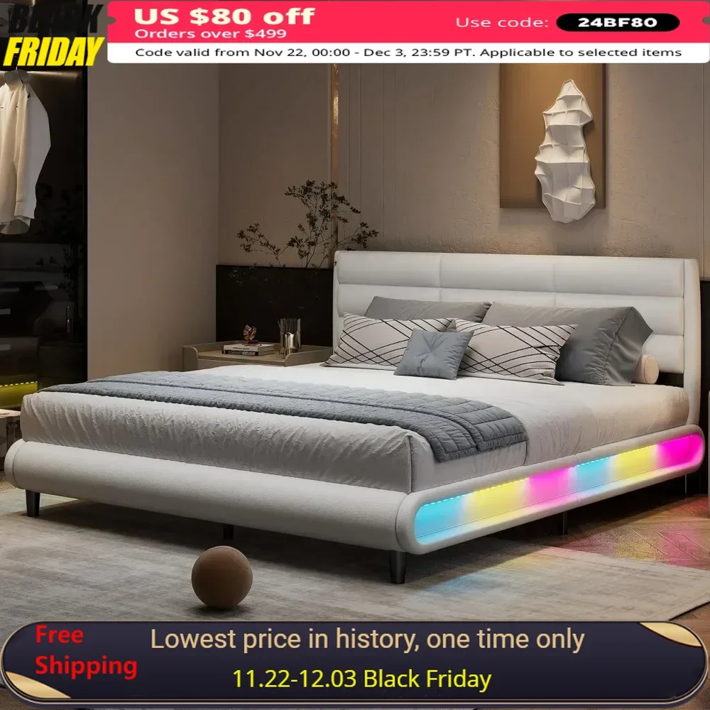 King Upholstered Platform Bed with LED Light Strips，Bed Frame with Headboard & Slat Support，No Box Spring Needed，Bed Frame