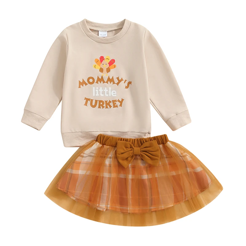 

Baby Girl Thanksgiving Outfit Long Sleeve Letters Print Sweatshirt Plaid Tulle Skirt Toddler Fall Clothes