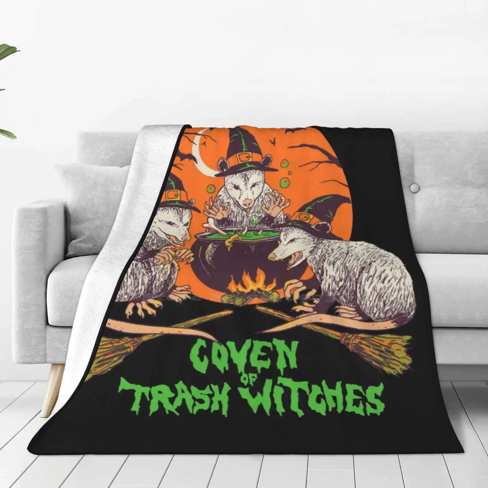 Coven Of Trash Witches Best Selling Room Household Flannel Blanket Opossum Fall October Halloween Witch Spell Hex Trashy