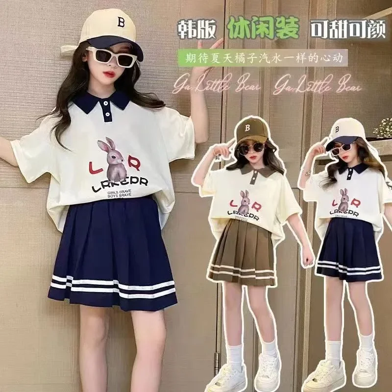 Girls' College Style JK Skirt Suit Summer Sweet Polo Shirt Pleated Skirt Two-piece Set for Outer Wear Children's Sets Longuewear