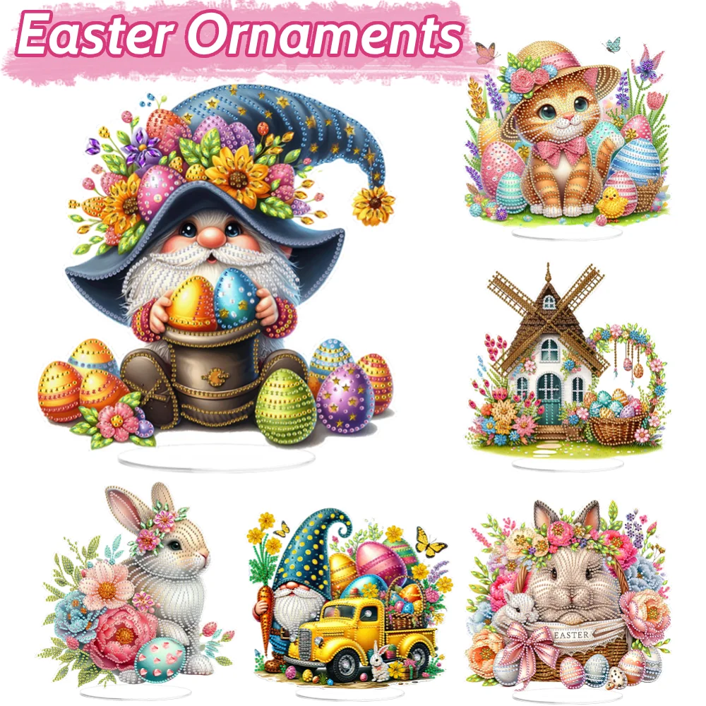 Acrylic Easter Goblin Diamond Painting Tabletop Ornaments Kit Cat Windmill Rabbit Truck  Diamond Painting Desktop Decor