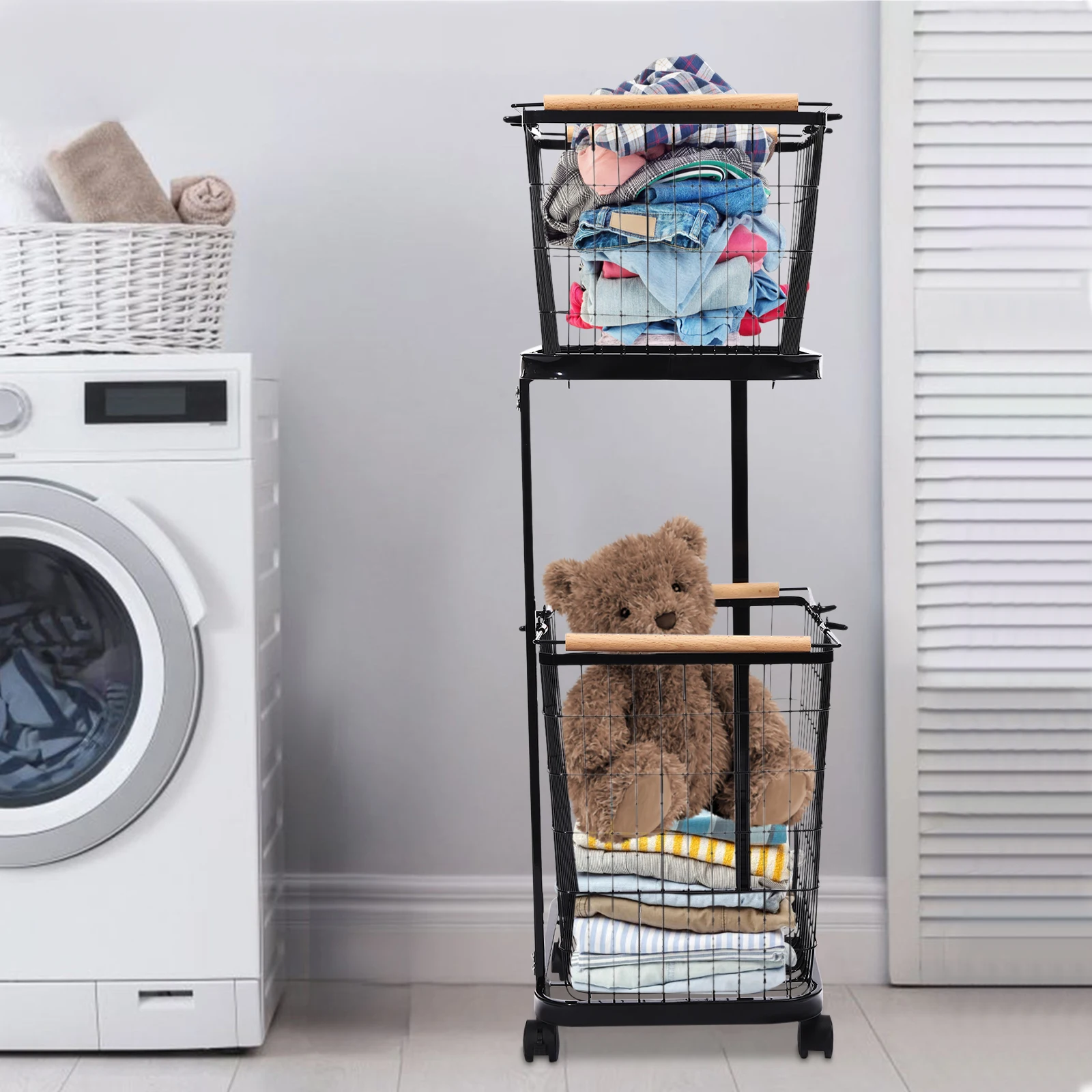 2 Tier Laundry Basket Floor Mount Metal Laundry Basket with Wheels Versatile Applications Dirty Clothes Storage