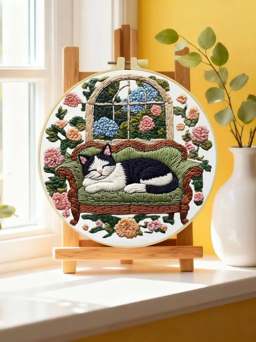 1 Stück 20X20CM/15X15CM 7,87/6,3 Zoll Die Katze auf dem Sofa Stickerei-Starter-Kit DIY-Kit DIY-Stickerei-Set Handarbeiten – Detail 6