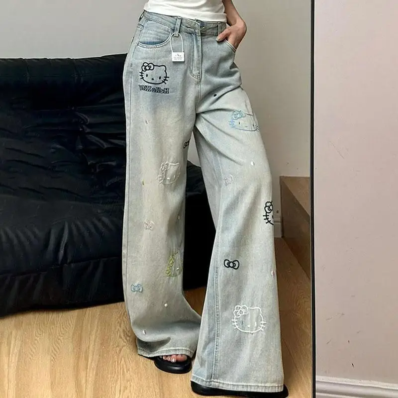 

Sanrios Hello Kittys Jeans Y2K Woman's High Waist Wide Legs Fashion Trousers American Street Retro Casual Denim Pants Girls Gift