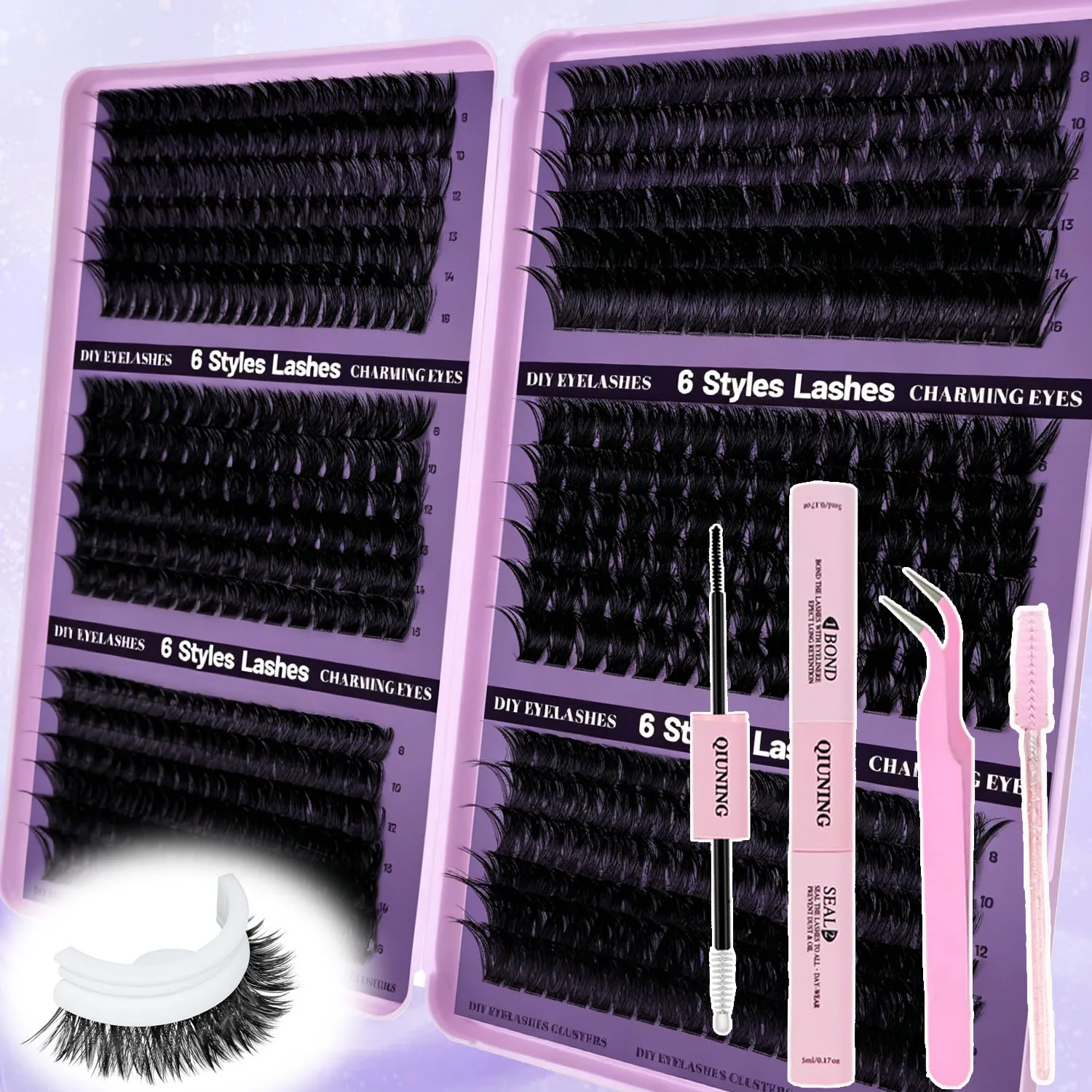 QIUNING DIY Extension Kit with Lash Bond＆Seal Lash Tweezers  Lash Clusters Kit with Waterproof Strong Hold DIY Lash Extension