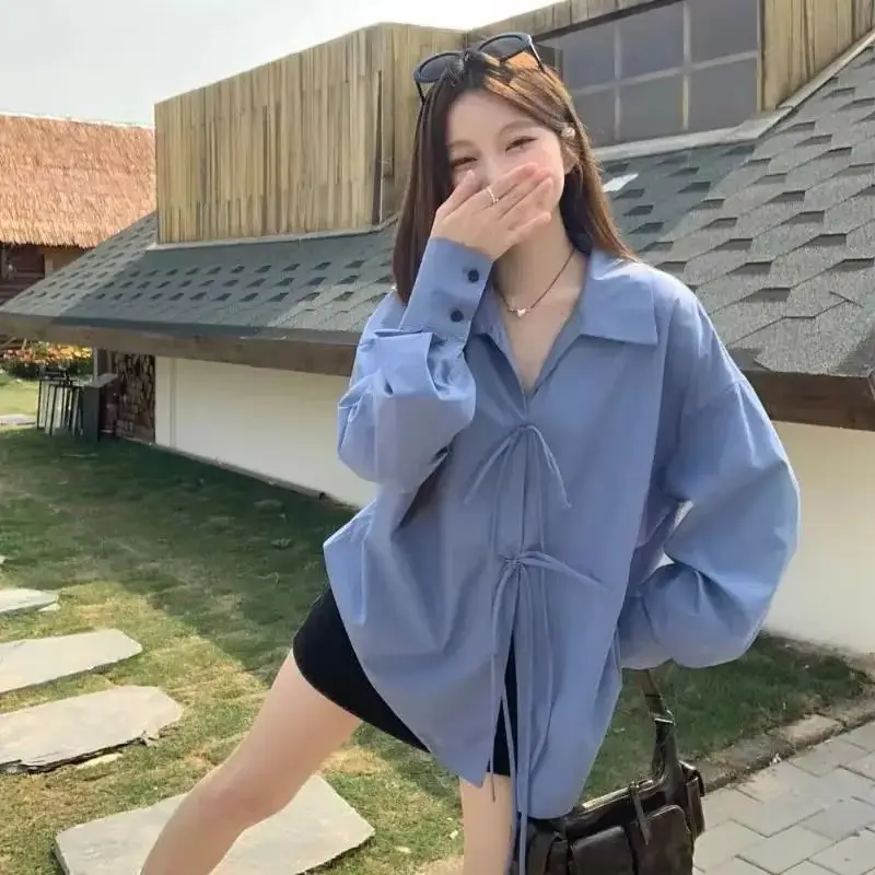 Koszule damskie w stylu koreańskim, niebieskie, sznurowane, z dekoltem w serek, z długim rękawem, vintage, luźne bluzki, codzienne, eleganckie w stylu francuskim, jednolite kolory.