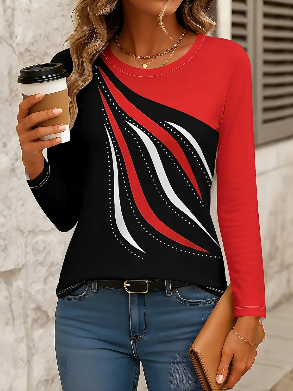 

Women's T-shirt Casual Long Sleeve Tops Geometric Abstract Graphic Tees Shirts Blouse O-neck Fall Winter Streetwear Pullover