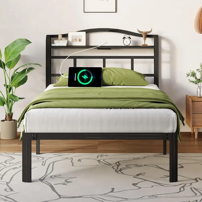 Twin XL Bed Frame - Stylish Platform Bed Frame with Headboard and USB & Type C Charging Station, Heavy Duty Metal Bed Frame