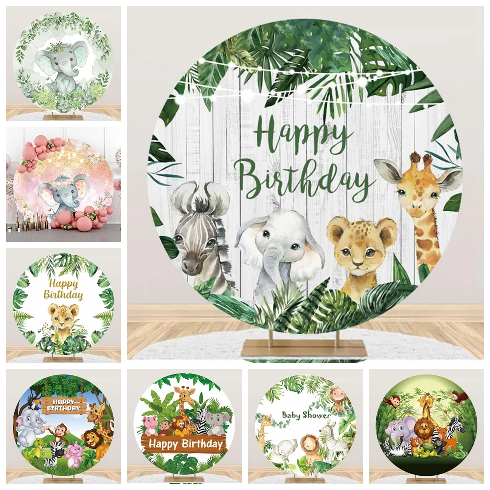 Jungle Wild Animal Baby Shower Round Elasticity Backdrop Circle Elephant Safari Party Newborn Birthday Photography Background