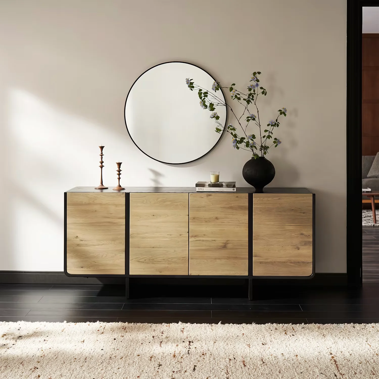 #Two-Tone Oak Sideboard, Black Frame Natural Wood Four-Door Buffet Cabinet for Dining Room