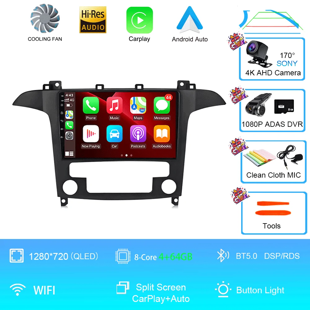 Android 16 voor Ford S-Max S-MAX 2007 2008 2009 2010 2011 - 2015 Videospeler Carplay Auto Multimedia Autoradio WIFI+4G DSP Stereo