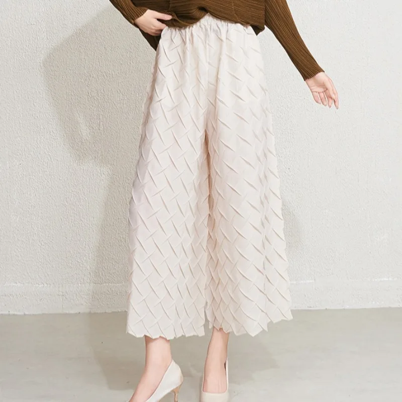 مياكي 2026 ربيع جديد النساء السراويل تنوعا مرونة الخصر مربع مطوي تسع دقائق واسعة الساق السراويل حجم كبير تمتد الملابس