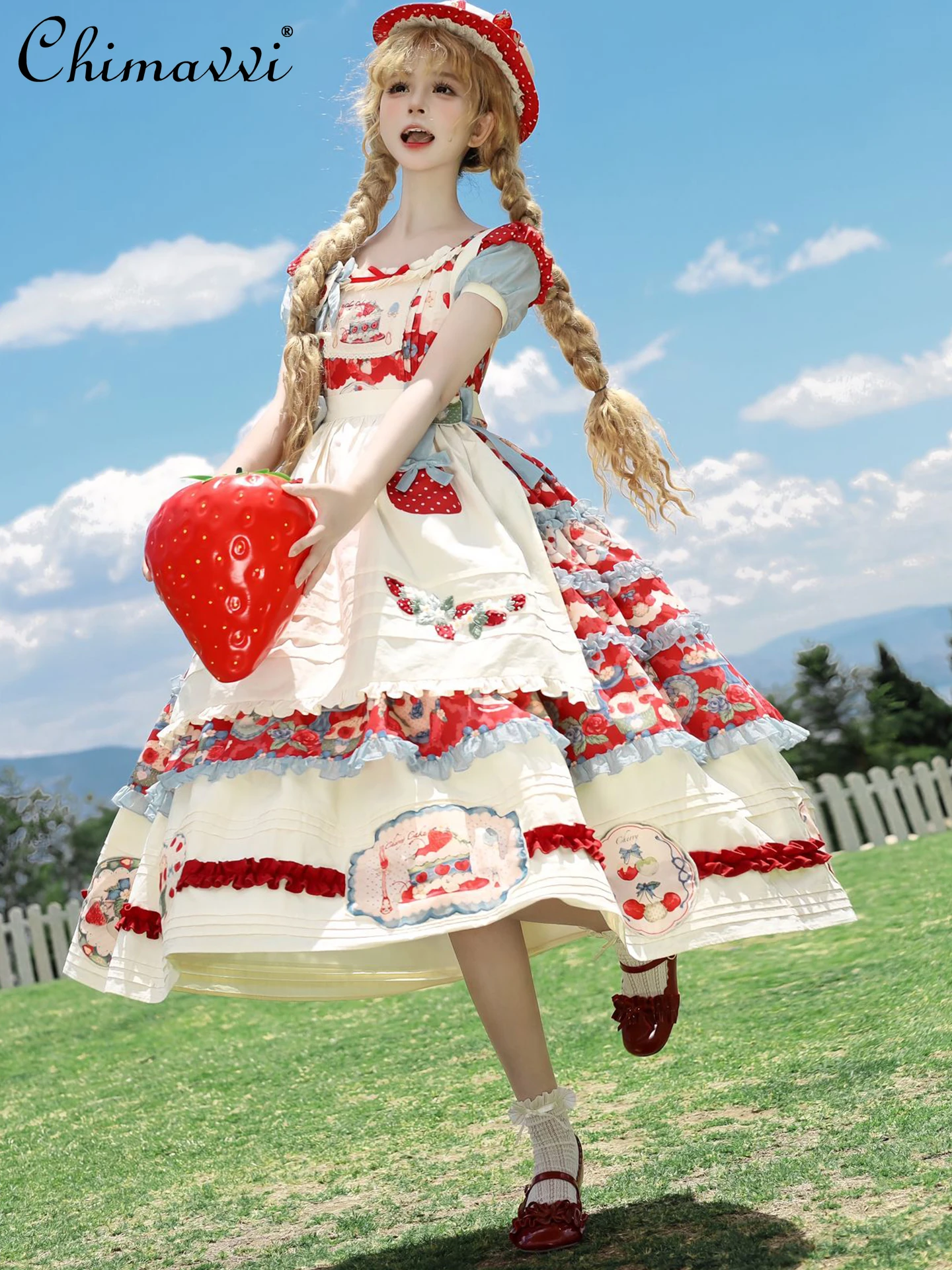 Abiti Lolita pastorali alla fragola 2025 Estate nuove ragazze dolci donne carino stampa Op principessa elegante abito lungo e grembiule