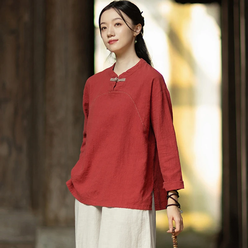 عالية الجودة القطن تي شيرت كتان المرأة الجديدة 2025 الخريف النمط الصيني خمر الوقوف طوق الإناث بلايز عادية قمصان M2021