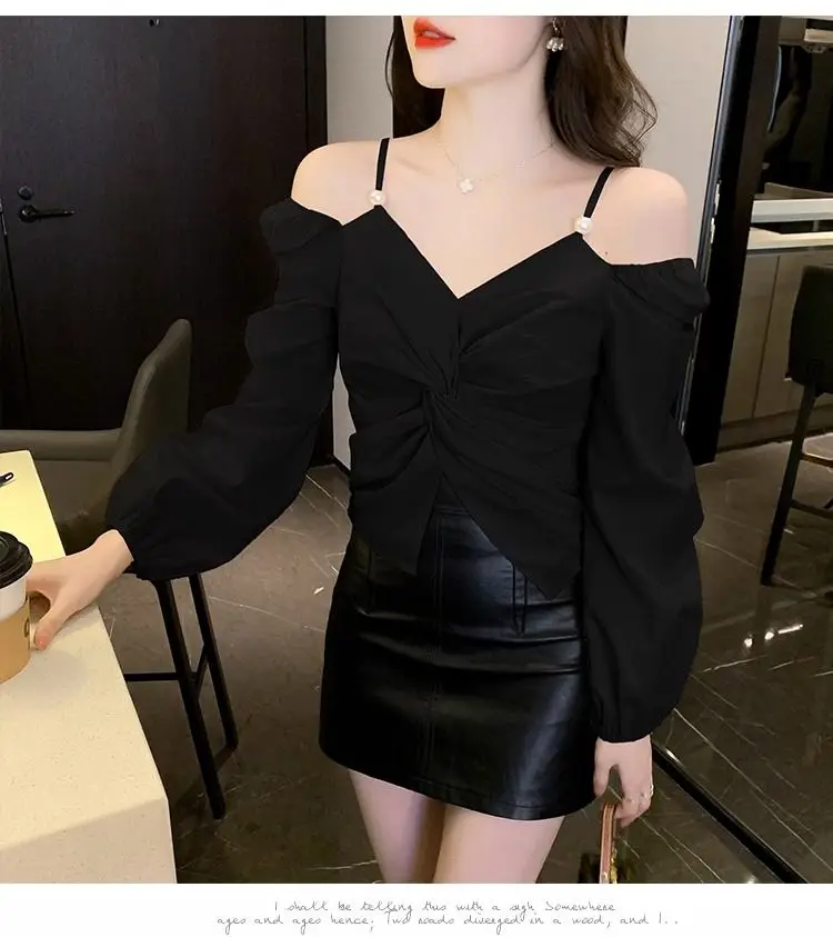 French High-end Long Sleeved Camisole Shirt for Autumn Women\'s New Style Pure Desire Style Short Style Off Shoulder Design Small