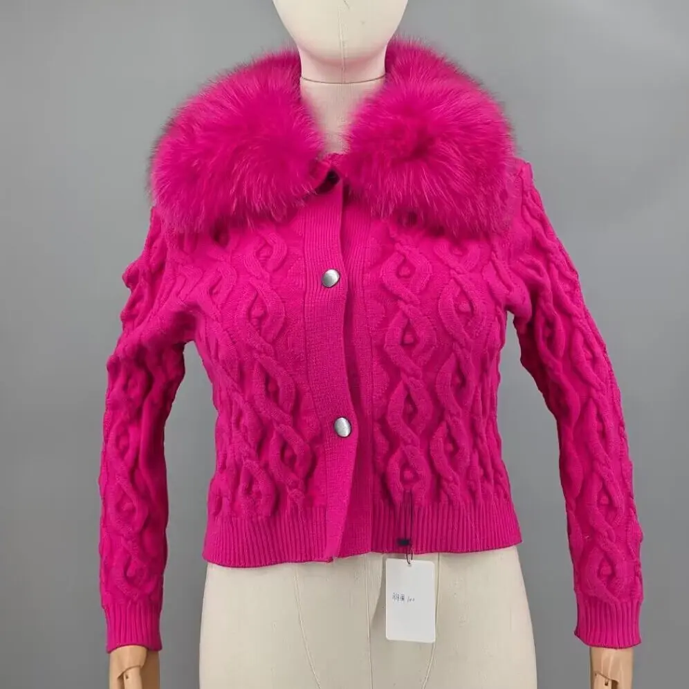 Women Hot Pink Knit Short Coat Real Fox Fur Oversized Lapel Collar Button Front Lightweight Long Sleeve Layering Outerwear221001