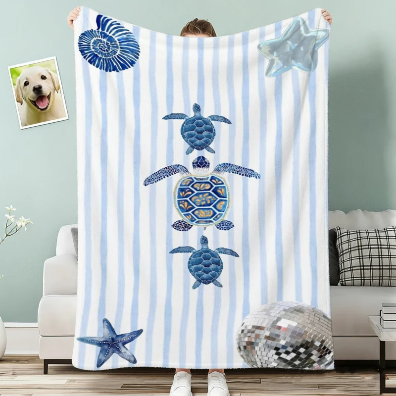 Blue White Stripe Turtle Shell Pattern Flannel Blanket For Nautical Bedroom Decor Soft Warm Throw Blanket Wrap