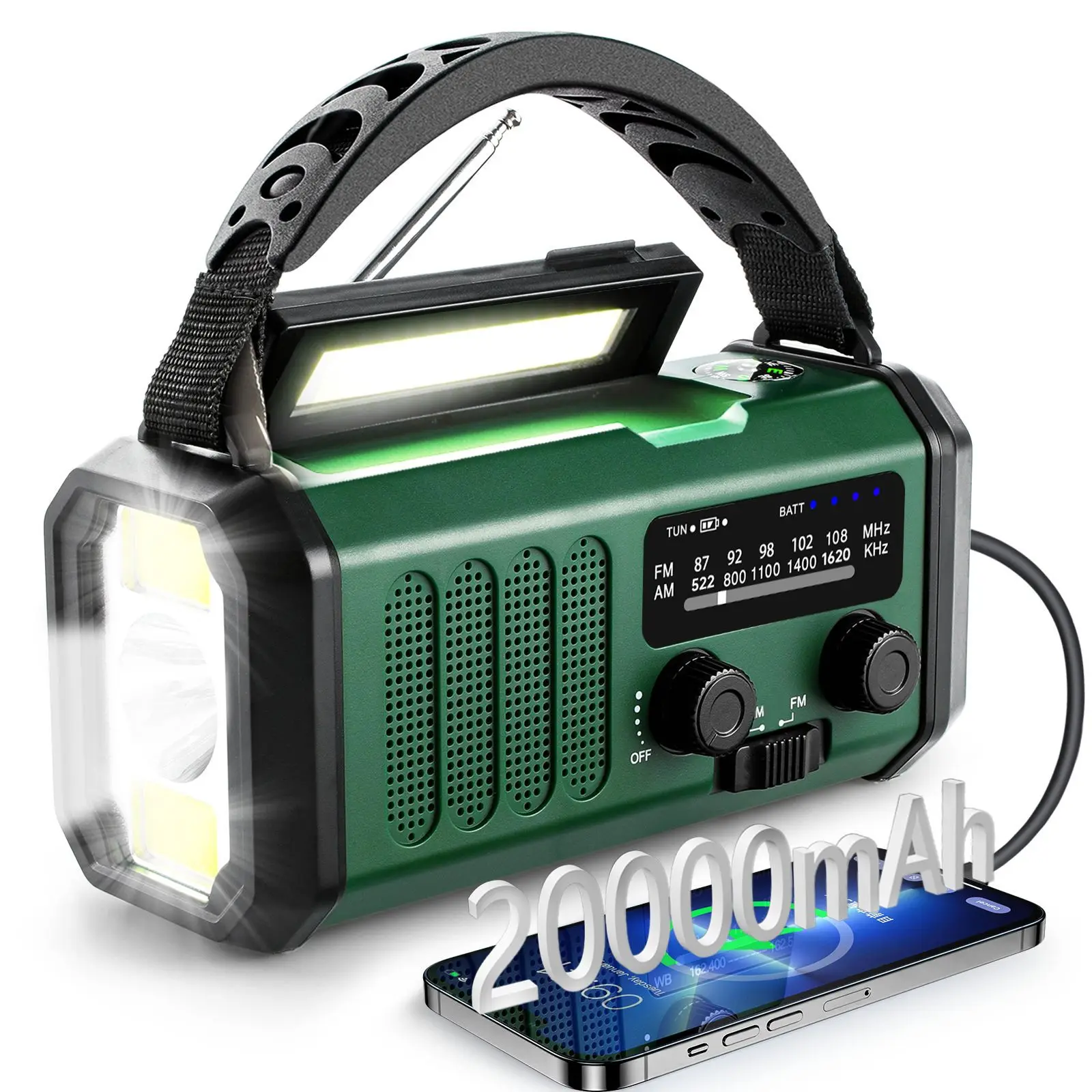 Solar Kurbelradio Powerbank 10000mAh/20000mAh, Tragbares Notfallradio mit AM/FM Empfang, LED Taschenlampe, SOS Alarm, USB-C Aufladung für Camping Outdoor