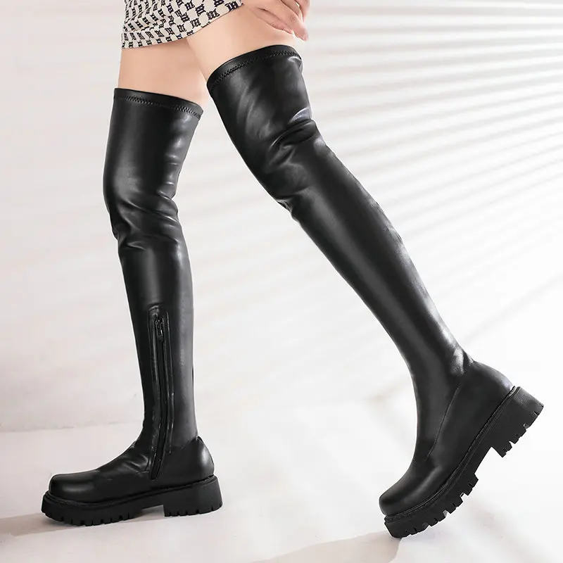 

Flock Stretch Overknees Nude Color Platform Shoes Sexy Winter Warm Fur Lined Womens Socks Booties Over-the-knee Thigh Long Boots