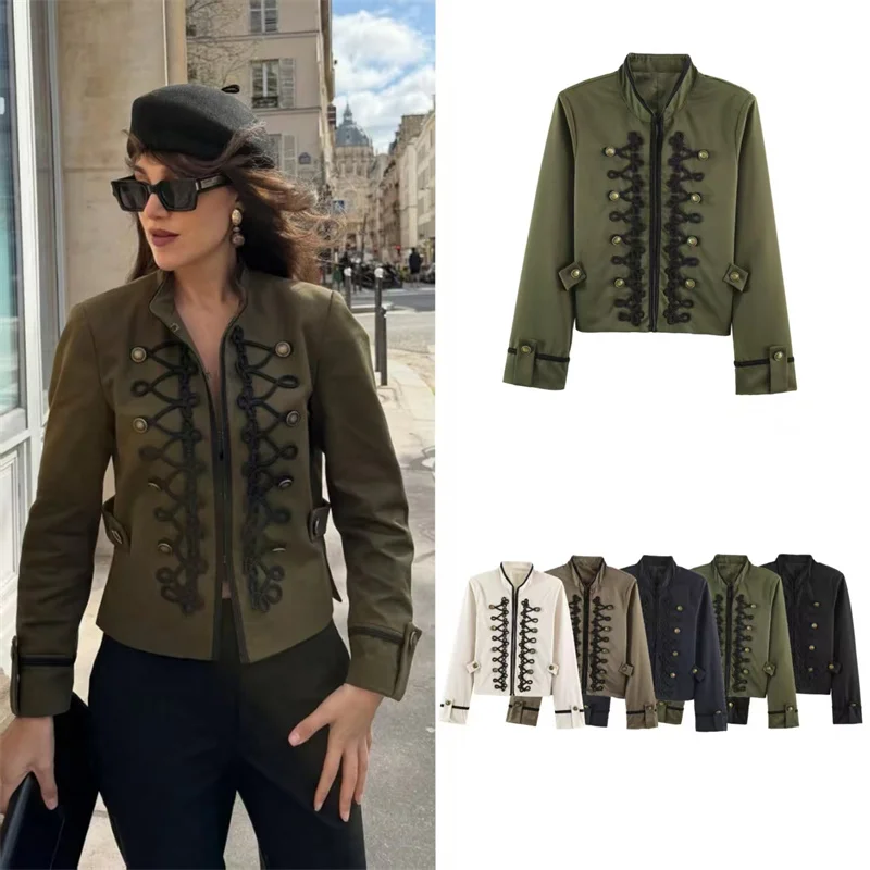 Guobioziy 2026 Autumn New Women's Jacket Solid Color Long-Sleeve Rope Knot Decor Napoleon Knight Style Jacket Parka Trendy