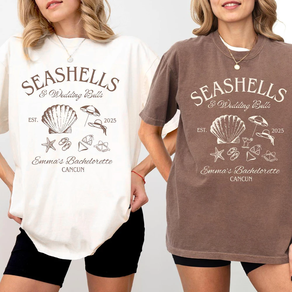 Strand Muscheln und Hochzeit Glocken Hemden Bachelorette Unisex Hemden Lustige Komfort Hemden Baumwolle Y2K Top Täglich Trendy Streetwear – Detail 7