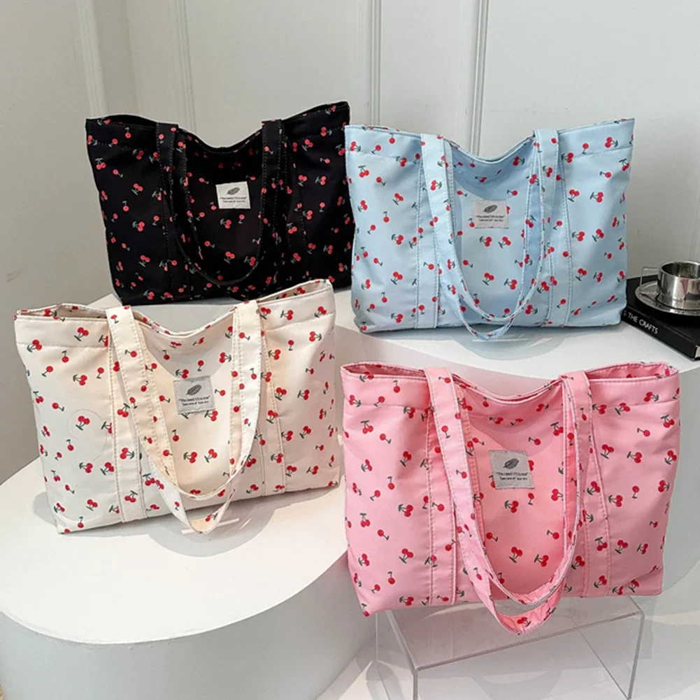 귀여운 체리 딸기 프린트 캐주얼 토트백, 대용량 미적 핸드백 나일론 숄더지갑, 여성용 식료품 가방
