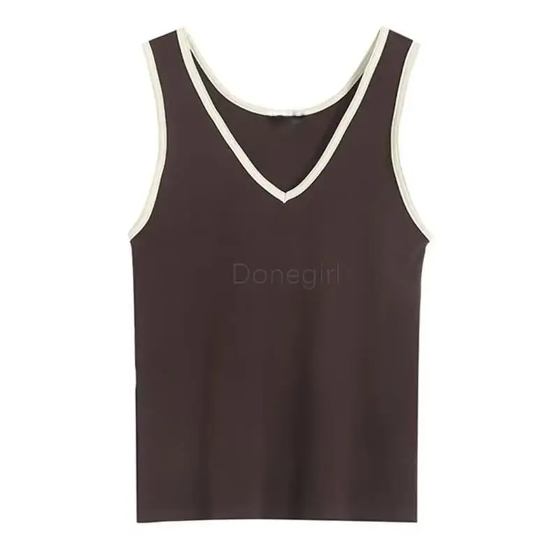 Donegirl 2024 Women Summer New Fashion Basic Contrast Ribbing Vest V-neck Simple Slim Versatile Casual Tank Tops Female Chic