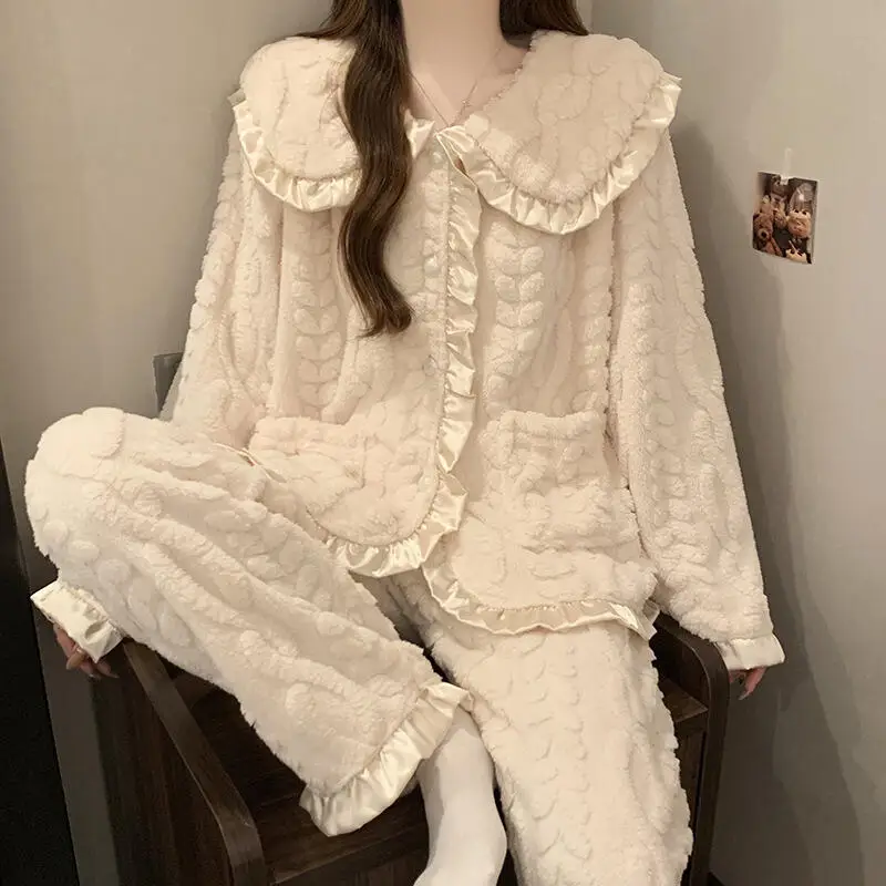 

Женская фланелевая пижама из кораллового флиса, ночная рубашка, пижамный комплект, милая одежда для сна для девочек, домашняя одежда, утепленная домашняя одежда, осень-зима