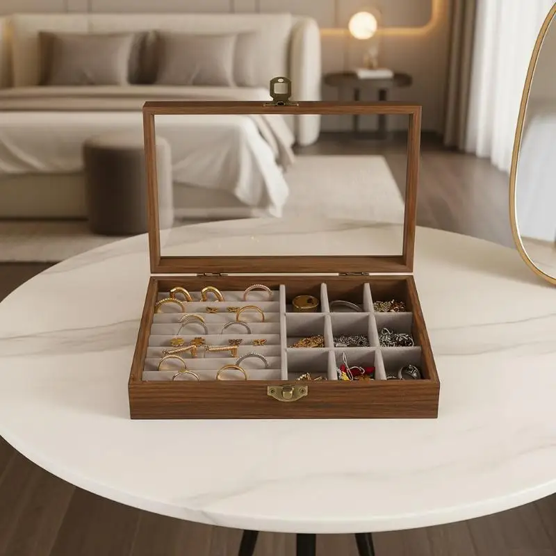 Vintage Wood Jewelry Storage Box Velvet Interior Glass Lid Dust Proof Organizer Case Ring Earring Desktop Jewelry Display