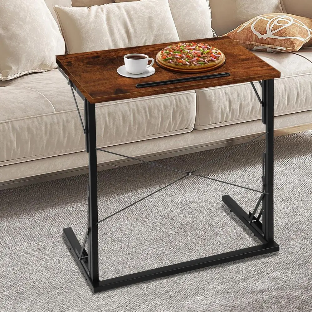 Mesa plegable con bandeja para TV, mesa auxiliar portátil para sofá en forma de C, escritorio grande para ordenador portátil para sala de estar y dormitorio, marrón rústico, Juego de 2