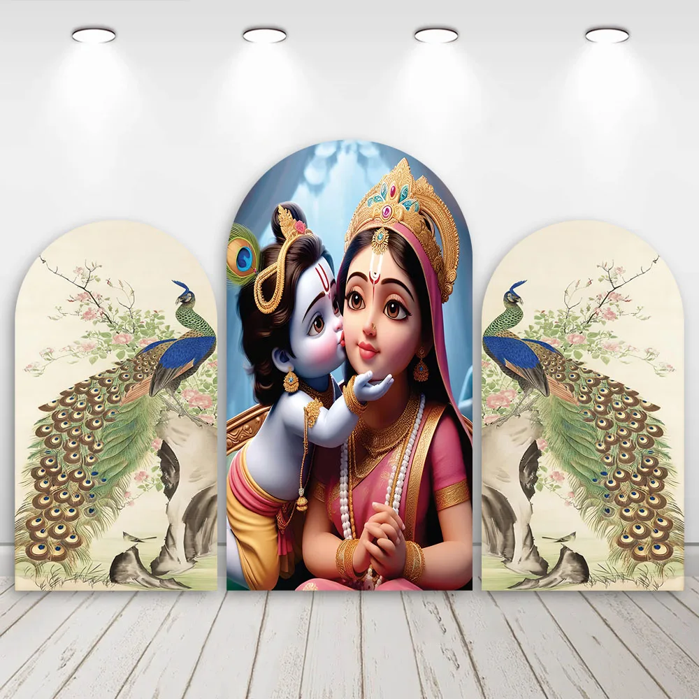 Mehofond مخصص 2-Sided الهند ياشودا وكريشنا الطاووس حفلة عيد ميلاد الطفل غطاء دش كيارا قوس خلفية ديكور خلفية