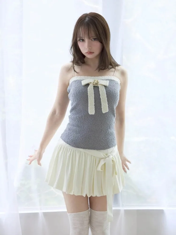 

Harajuku Gothic Vintage Skirt for Women Sweet All-match Bow Lace Up Skirts Summer High Waist Ruched Faldas De Mujer