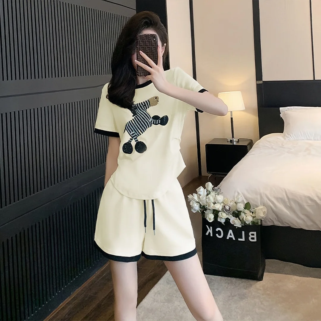 

Summer Athleisure Fashion Two-piece Suit Female Korean All-match Cartoon O-neck Short Sleeve Short Sets Women Clothes Trend Sets