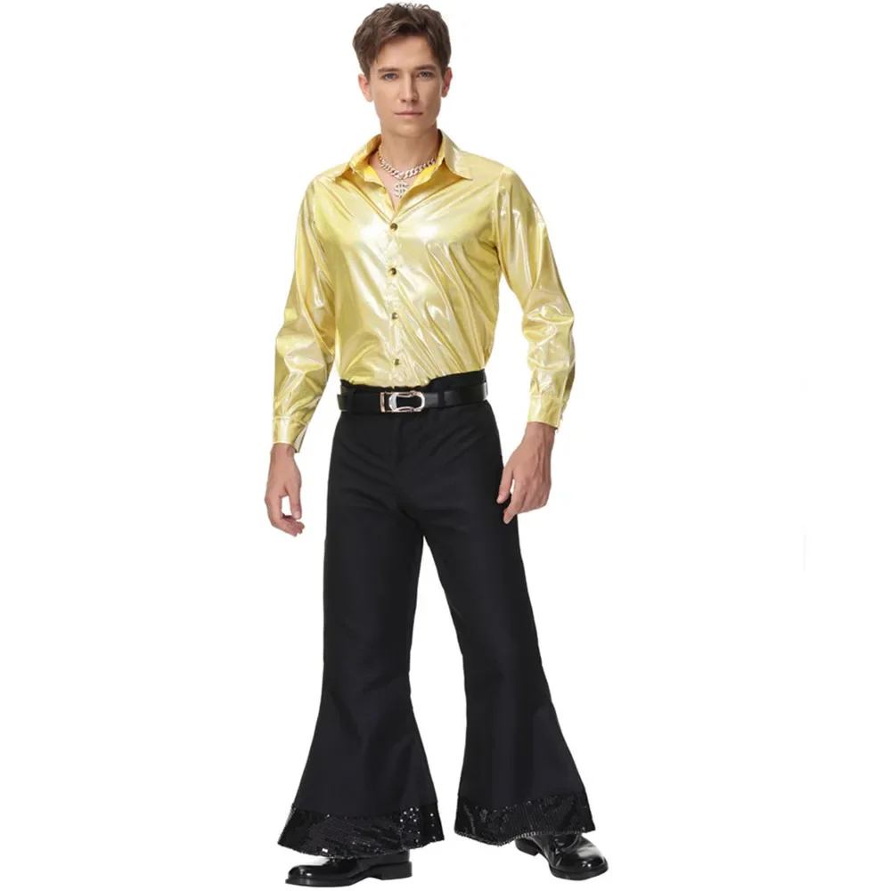 Men 70s 80s Retro Hippie Costumes Top And Pants Set Disco Stage Performance Cosplay Halloween Party Fancy Dress