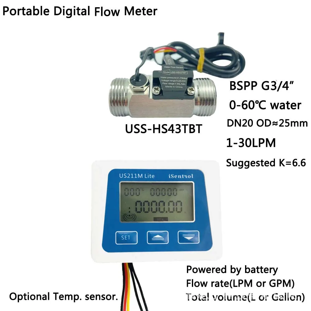 US211M Lite battery type water flow meter BSPP threaded hexagonal stainless steel impeller USC-HS43TBT