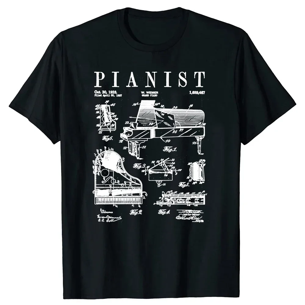 Grand Piano Old Vintage Patent Pianist Drawing T Shirts Summer Cotton Streetwear Short Sleeve Musical Instrument Gifts T-shirt