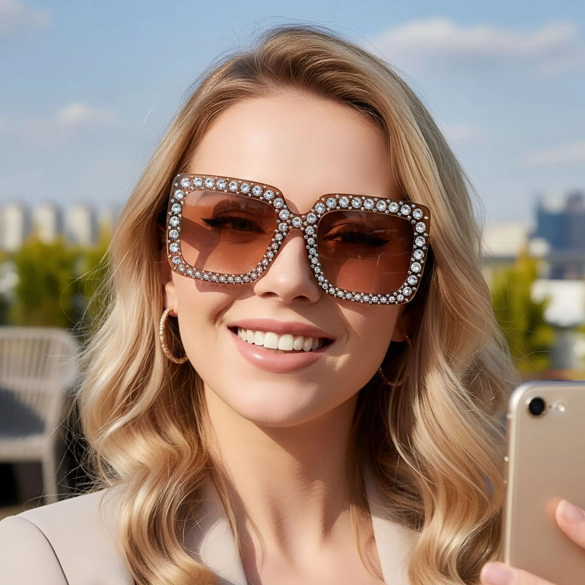 

2026 Oversized Crystal Square Sunglasses Retro Rhinestone Shades UV400 European Fashion Streetwear Sparkly Eyewear