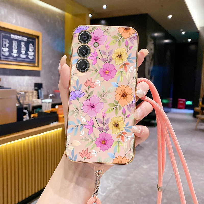 A55 Spring Flower Luxury Plating Phone Case For Samsung A55 A53 A52 A51 A71 A50S A25 A33 A73 A91 A54 A52S A50 A34 A42 A35 Cover