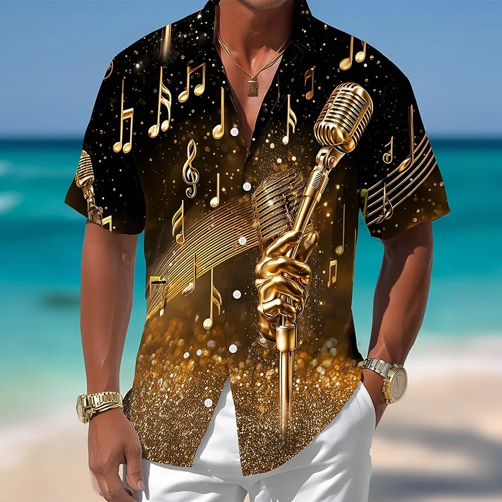 Men's Gradient Microphone 3D Print Short Sleeve Shirt Vintage Retro Outdoor Beach Music Festival Casual Tops Spring Summer