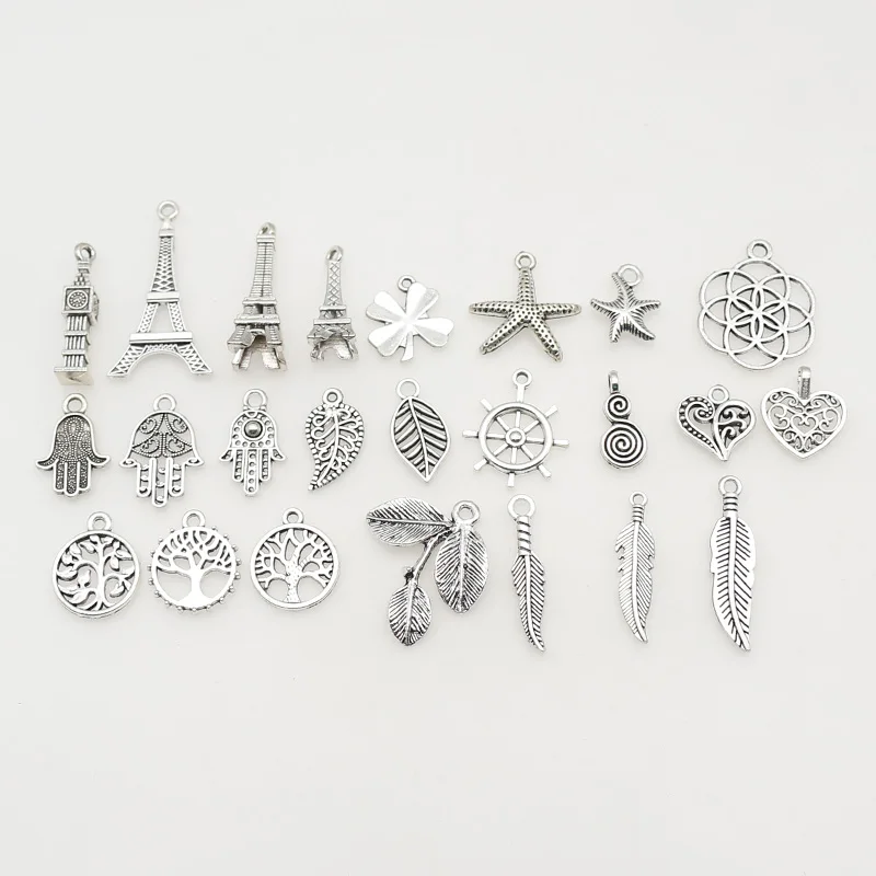 1pack Antique Silver Color Feather/Life Tree/Leaves/Hearts/Palms Series Metal Charms Women/Men Jewelry Pendants DIY Accessories