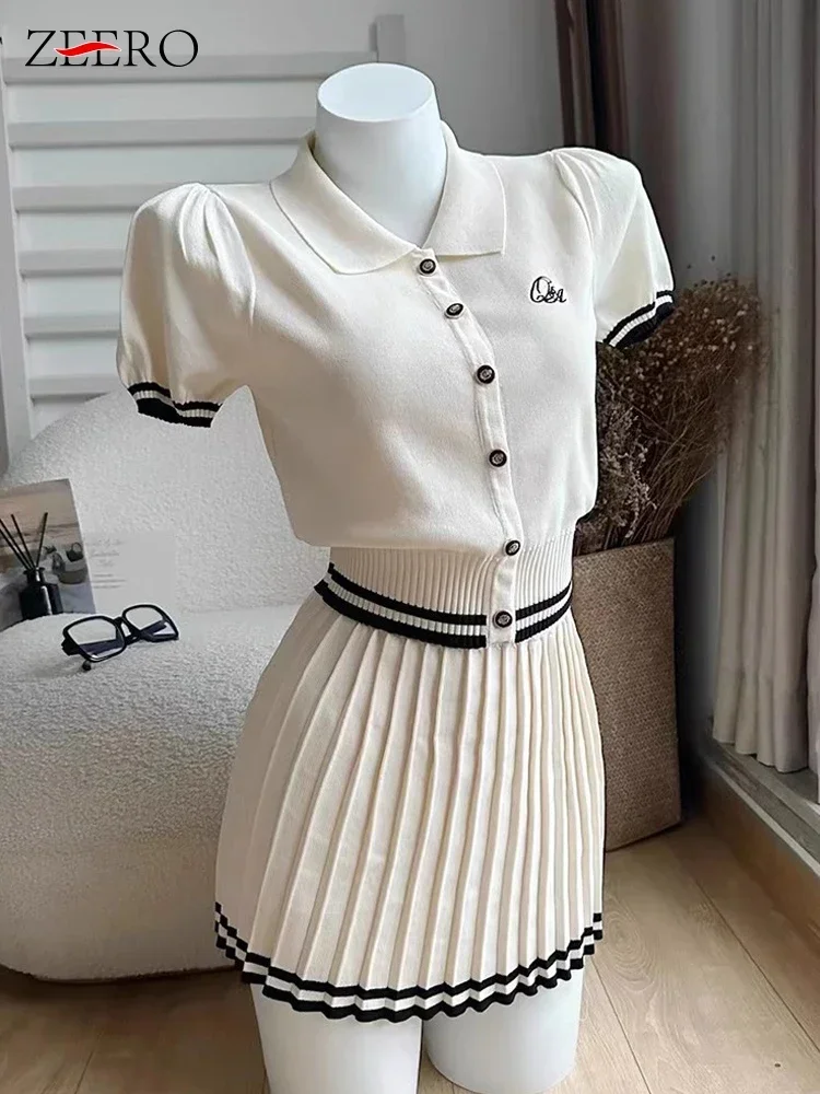 Pretty Style Summer Women Casual 2 Piece Sets Korean Short Sleeve Striped Knitted Cardigan Top + Mini Pleated Skirt Sets Outfits