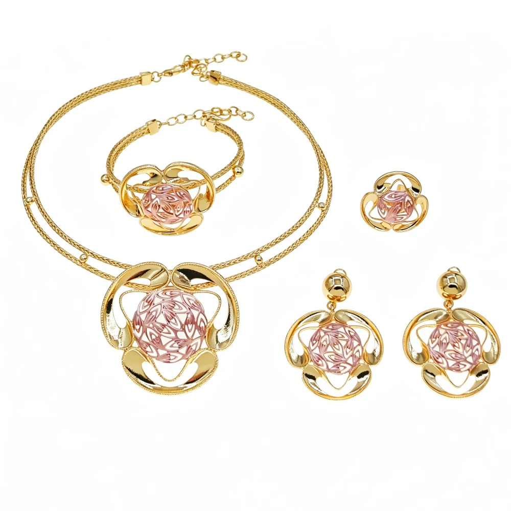 Brazilian Gold Plated Openwork Floral Ball Pendant Jewelry Set Dual Layer Mesh Snake Chain Full Statement Wedding Jewelry Set