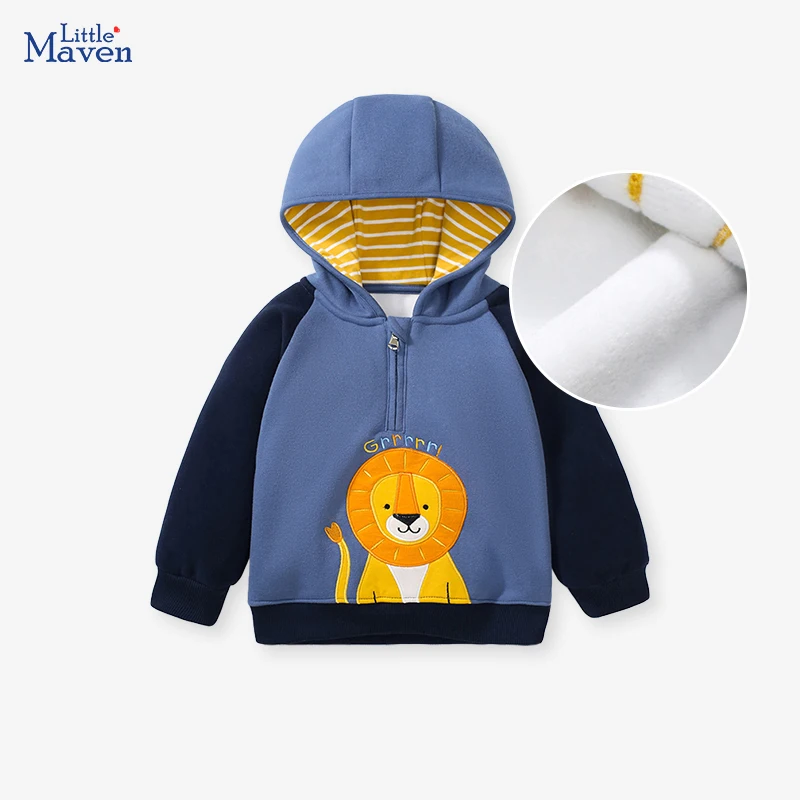 Little Maven Hoodies Children Kids Clothes Baby Boys Warm Fleece Outerwear Cartoon Lions Sweatshirt Spring and Autumn Tops