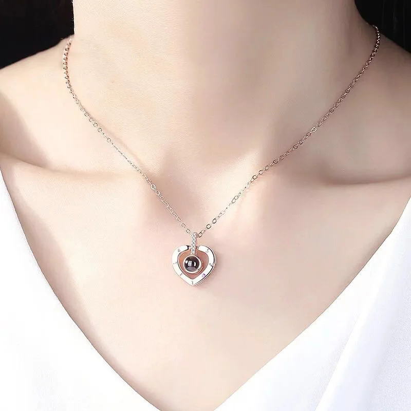 

100 Languages Pure Silver Pendant Necklace Projection of Love Memories clavicle chain Women's Fashion Jewelry Gift