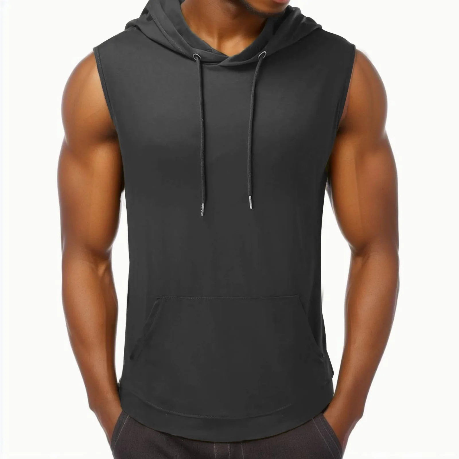 Men\'s Sleeveless Drawstring Hooded Vest Tops Solid Color Casual Blouses Loose Tee Shirts Fashionable Tank Tops For Men