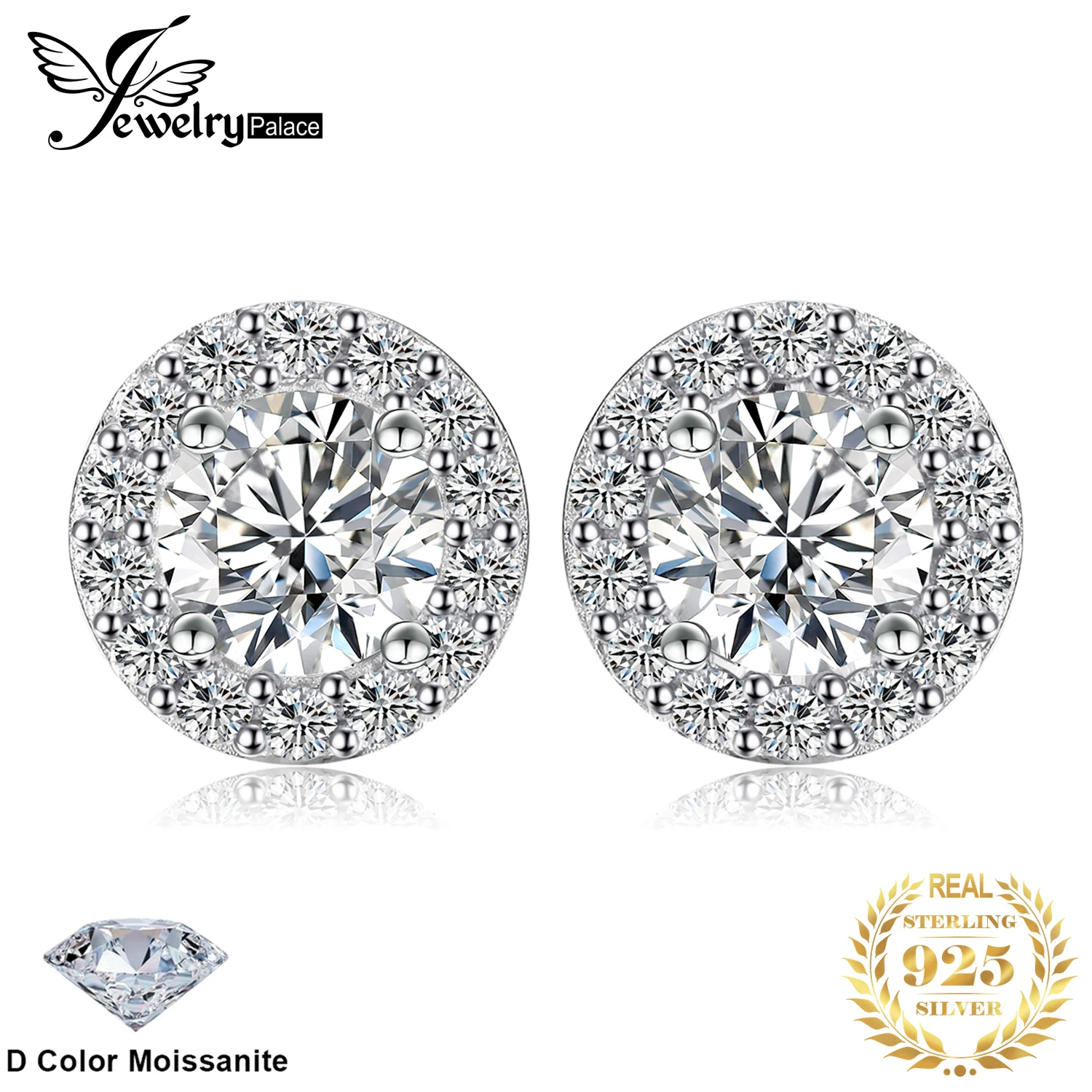 

JewelryPalace Муассанит D Цвет всего 1 карат Круглые серьги-гвоздики из стерлингового серебра 925 пробы с ореолом для женщин Желтое золото с покрытием из розового золота