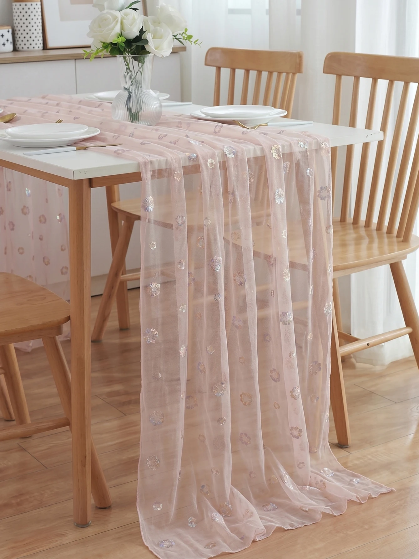 1Pcs Retro Floral Heat-Pressed Transparent Net Fabric Table Runner, Family Gatherings, Wedding, Party,Table Decorations,Kitchens