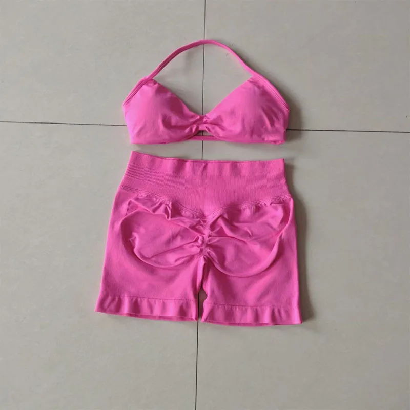 2PCS Women's Gym Set Strappy Yoga Bra Top with High Waist Scrunch Workout Shorts Seamless Fitness Sports Suit