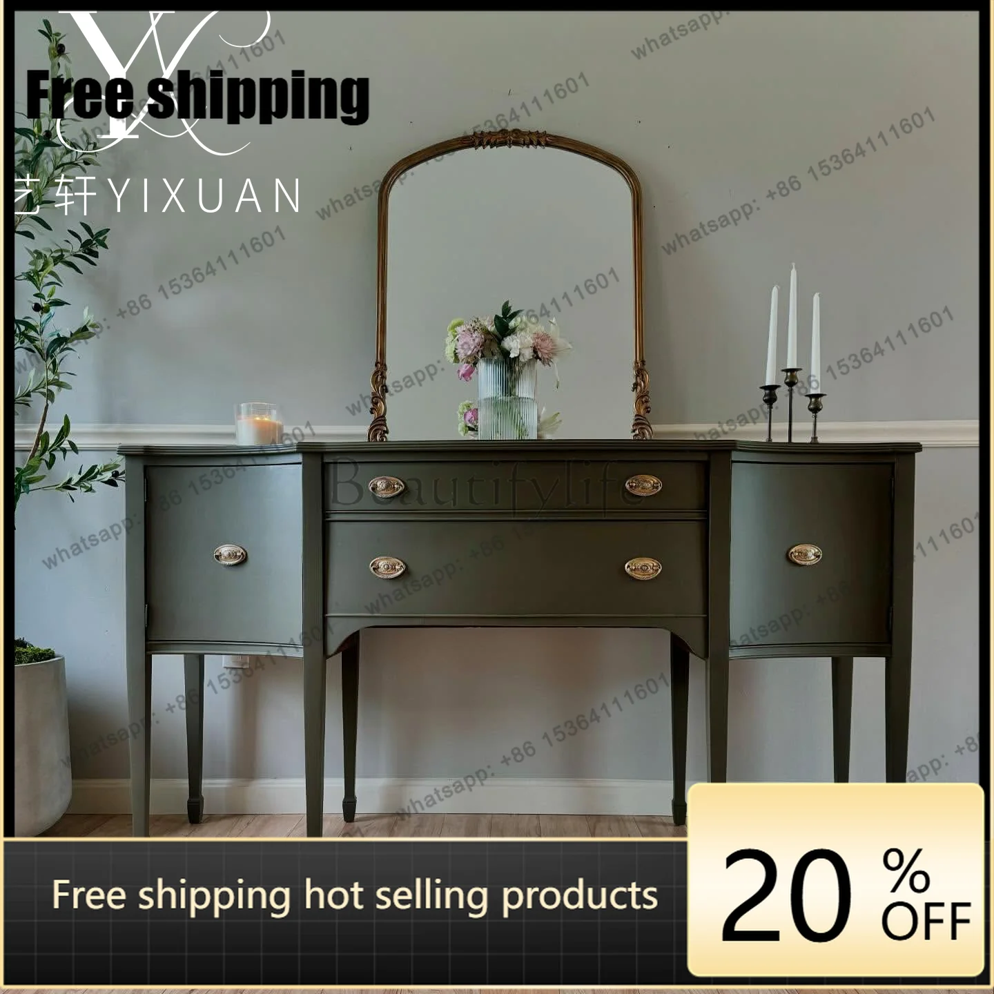 XX American solid wood simple entrance entrance cabinet French retro living room wall storage side cabinet