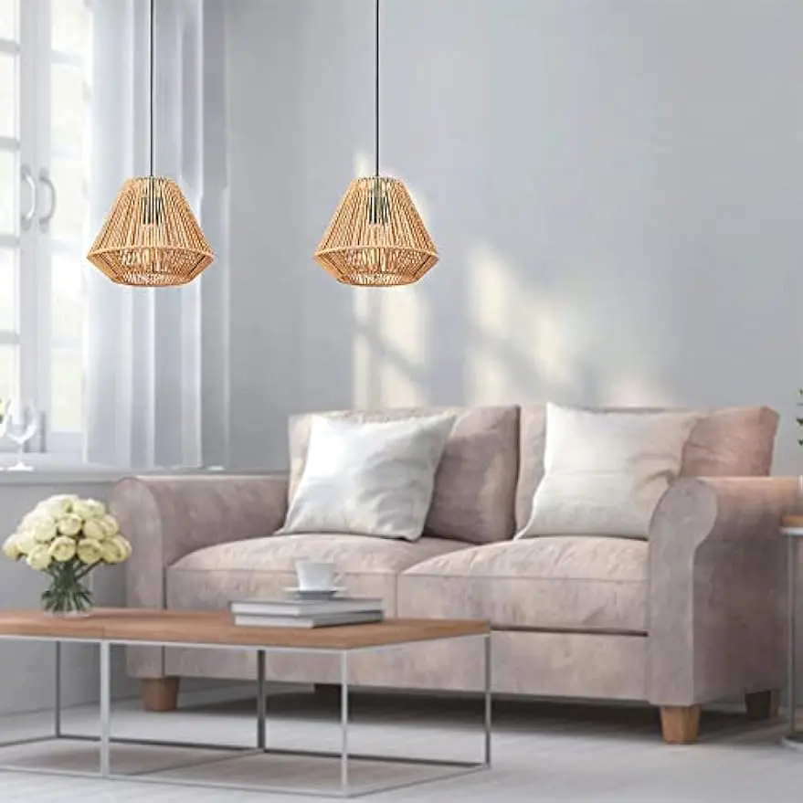 Rope Woven Lamp Shade Metal Cylinder Chandelier Modern Hand-Woven Rattan Basket Pendant Light Fixtures,Country Light